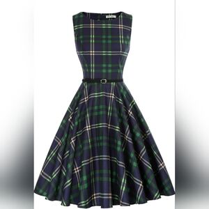 Grace Karin Green and Blue Plaid Midi Dress